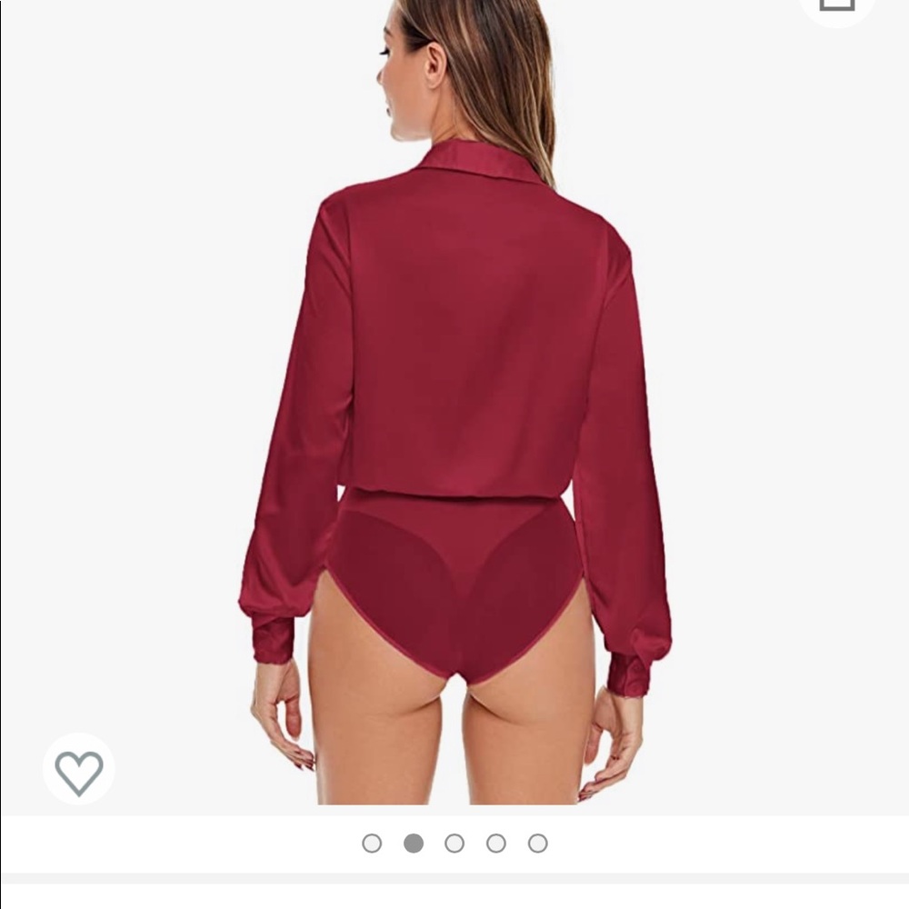 SheIn Women's Bow Tie Satin Bodysuit Plunging Neck Sexy Long Sleeve Blouse Top